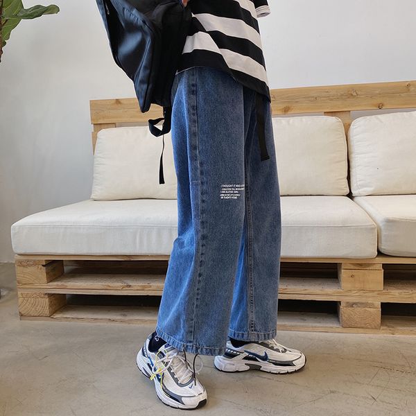 

men's jeans torn jeans pep pants for man streetwear broad-legged style loose in casual straight line nine thin beam points denim overal, Blue