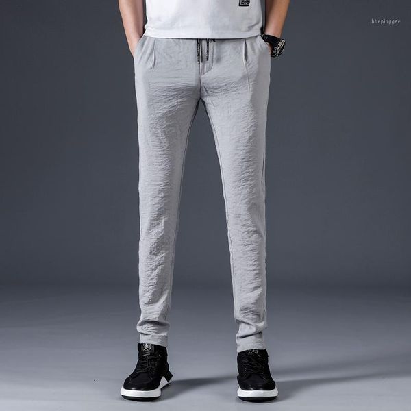 

men's tide men summer cool breathable ice silk fabric pants drawstring elastic waist sweatpants slim casual jeans jogger trousers1 knge, Black