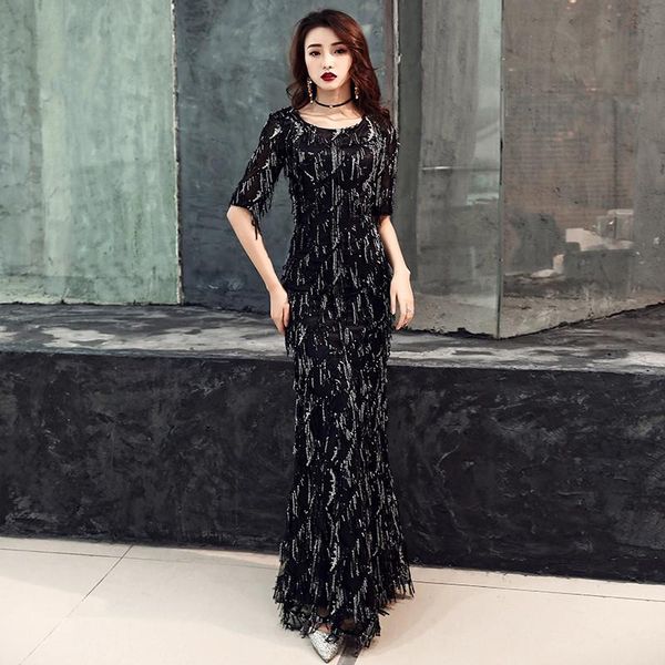 

party dresses 2021 saudi arabic black sequins mermaid evening dress half sleeves o-neck elegant women formal prom lf198, White;black