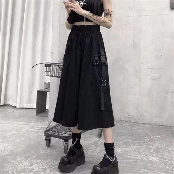 

high waist loose a-line cargo skiets chain side ring pocket midi long black skirt korean hip hop streetwear harajuku oversize skirts