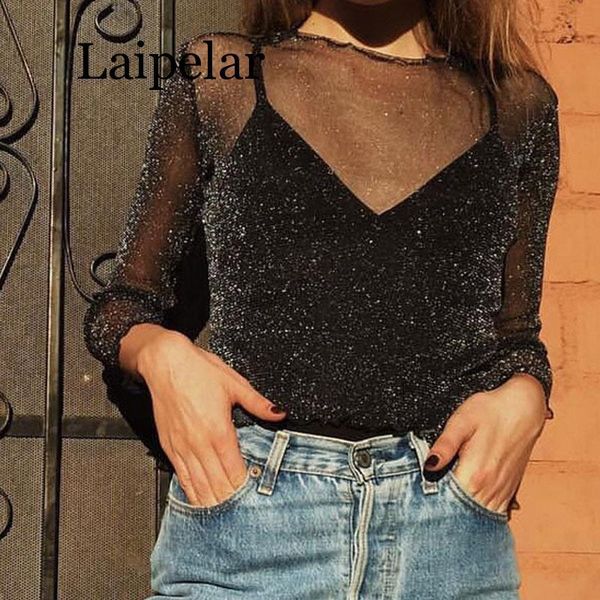 

women's blouses & shirts women glitter sheer mesh long-sleeve casual perspective hollow out tee shine basic chiffon shirt, White