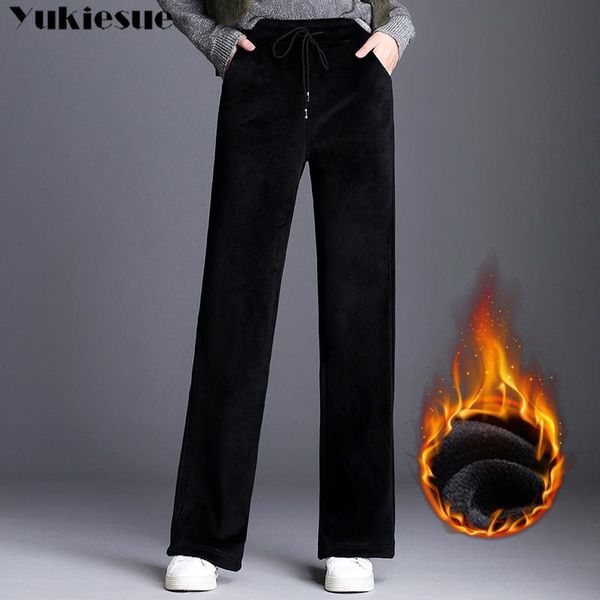 

women's pants & capris 2021 winter warm thick women long velvet pants,england loose casual staight wide leg velour pants,plus size trou, Black;white