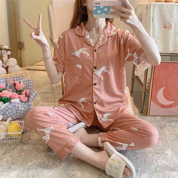 New Venda Mulheres Casa Desgaste Primavera Verão Mangas Curtas Mulheres Pijamas Conjunto Longo Pant Pajamas Define Cotton Lazer Sleepwear Set 210330