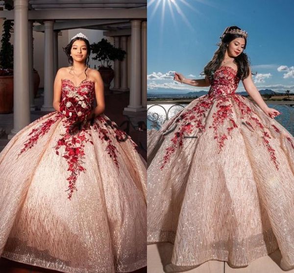 Hübsche Quinceanera-Kleider aus roségoldener und roter Spitze 2021, herzförmiges Schnürkorsett-Oberteil, glitzernde Pailletten-Applikationen, Quinceanera-Kleider 322