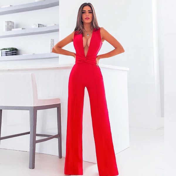

women's jumpsuits & rompers 2021 est celebrity evening party jumpsuit women red sleeveless deep v-neck nightclub runway full length, Black;white