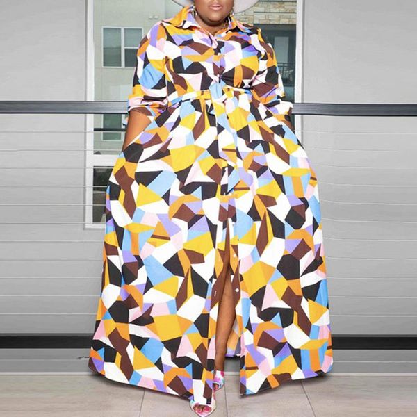 

casual dresses autumn 2021 women dress printing loose design single-breasted long shirt western style african lapel 7 sleeves, Black;gray