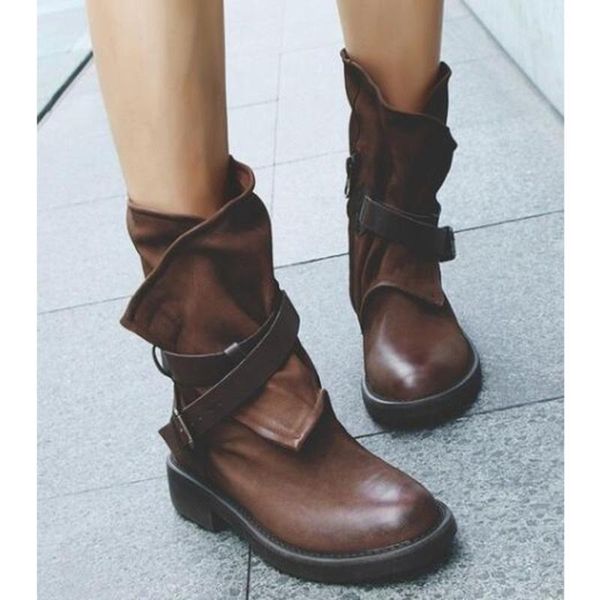 

boots women round toe pu leather ankle buckle low square heel 2021 autumn winter style brown large size 43, Black