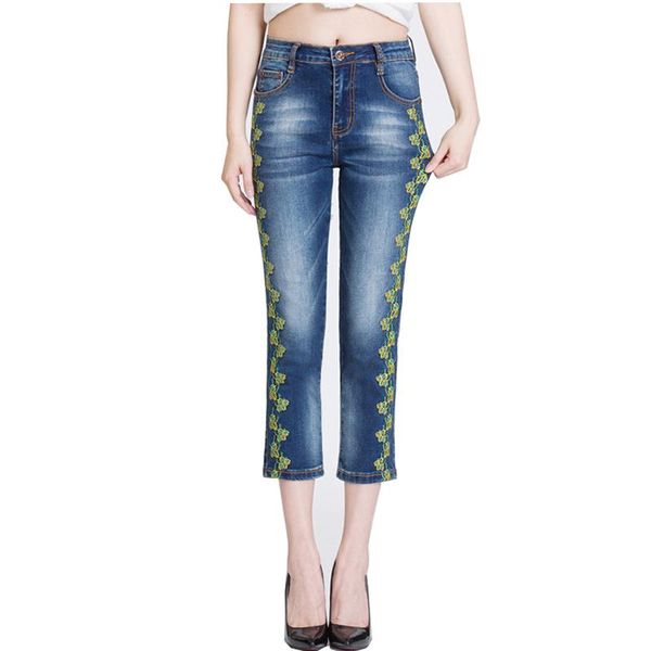 

women's jeans fashion slim straight high waist emboridered floral summer denim pants stretch casual female trousers mom, Blue