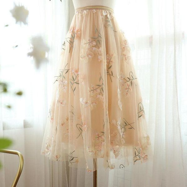 

skirts women 2021 summer flower embroidery lace skirt female high waist mesh midi lady elegant tulle sweet falda saia v103, Black