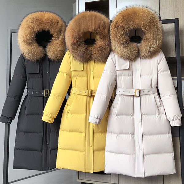 

women down coat hooded big natural raccoon fox fur collar 90% white duck down jacket female korean ladies outerwear with belt, Black