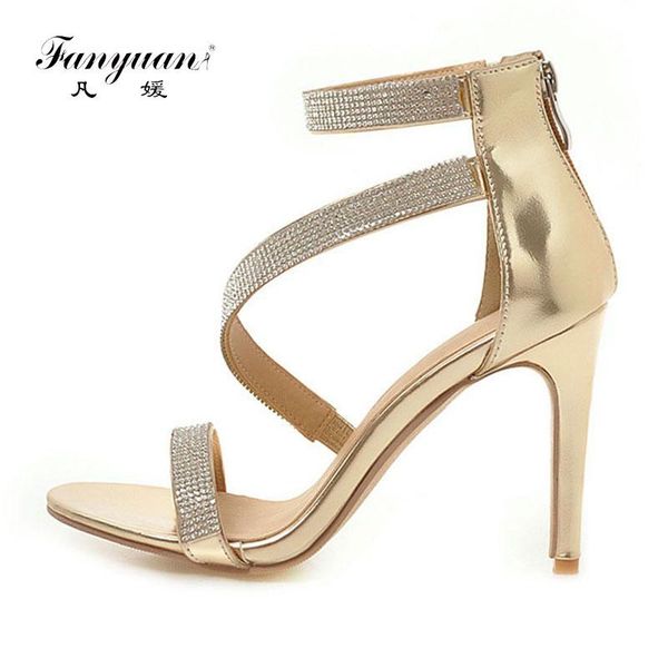 

fanyuan women shoes summer high heels fashion rhinestone sandals ankle strap ladies heeled zapatos mujer, Black