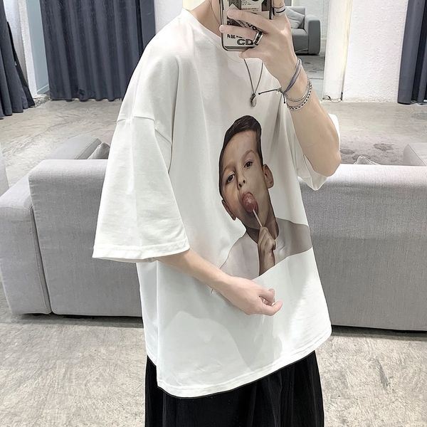 

brand fashion men's t-shirts short t-shirt loose trend handsome half sve summer printed top, White;black