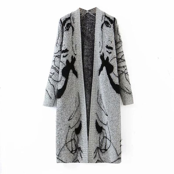 

fashion women sweater loose abstract beauty pattern lady mid length knitted cardigan 210521, White