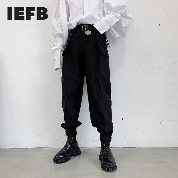 

men's trend personalized thickened plush black casual pants with belt fashionable turnup pockets 9y4973