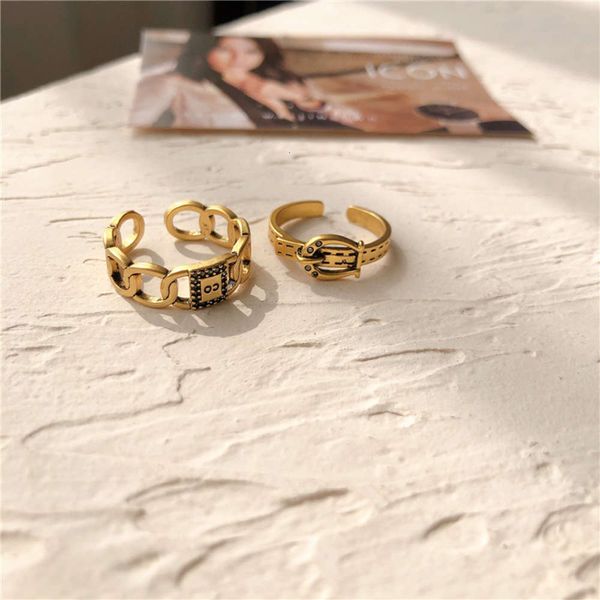 

wind, real ancient gold, hemp lace, letter buckle, korean ring, open ring, Black