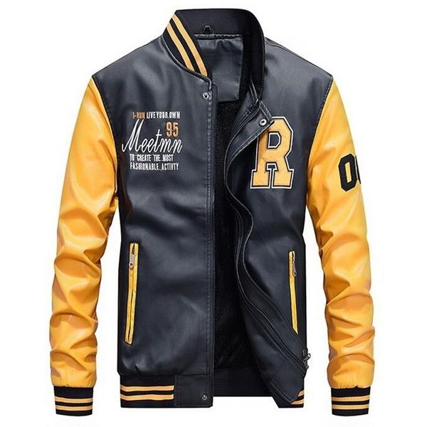 

men baseball jacket embroidered leather pu coats slim fit college fleece luxury pilot jackets men's stand collar jacket coat 210820, Black;brown