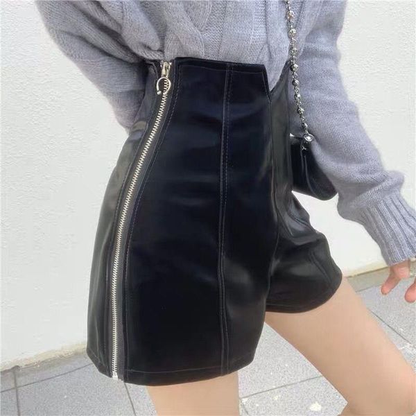 

women's shorts autumn winter black pu leather with zipper high waist ladies elegant short pants trousers female y123, White;black