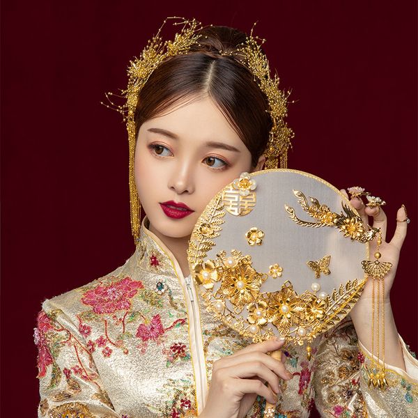 

himstory traditional chinese bridal headdress costume gold beads pearls wedding hair accessories hairwear jewelry, White;golden