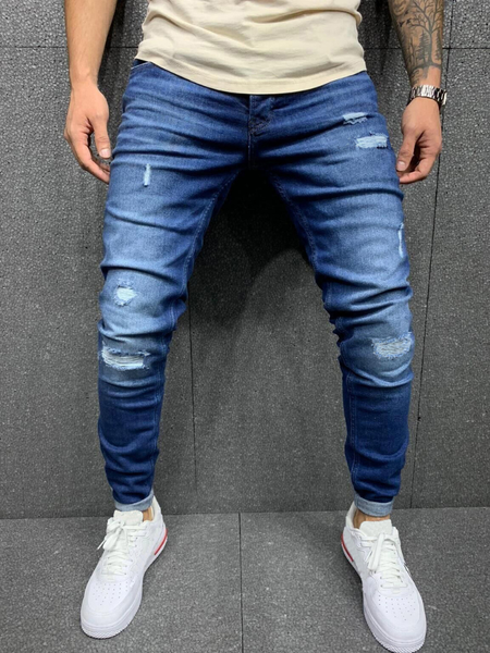 

2021 new men ripped jeans skinny pencil pants male casual hole slim cowboy trousers tide street biker denim clothing, Black