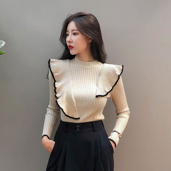 

llzacoosh fashion women ruffles pullovers fall winter long sleeve knitted patchwork elastic o neck ladies slim sweaters 210514, White;black