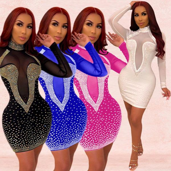 

casual dresses zaggin 2021 autumn women solid 4-colors diamonds mini dress lady mesh see through turtleneck full sleeve skinny, Black;gray