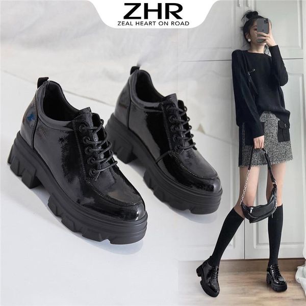 

women loafers england lace up platform high heels vintage girls thick soled penny lolita shoes dress, Black