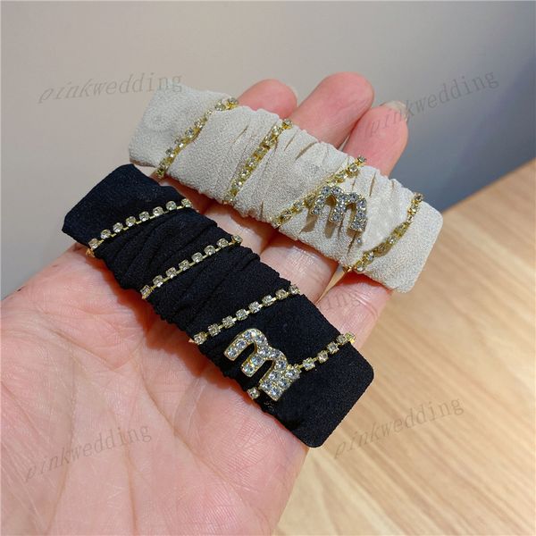

diamond inlay hair clips metal letter headdress exquisite elegant crystal chain hairpin solid color cloth barrettes, Golden;silver