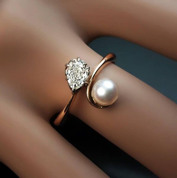 

wedding rings luxury female crystal water drop ring charm rose gold color for women promise white pearl thin engagement, Slivery;golden