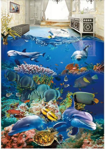 

wallpapers 3d peel and stick wall tiles floor sea world dolphin fish bathroom sticker pvc self-adhesive wallpaper home decor