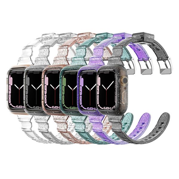Glitter Bling Şeffaf Kılıf ve Askı Apple Watch Serisi için 7 6 5 4 3 SE Kadınlar Bilezik Spor Bilekliği IWatch 45mm 44mm 42mm 40mm 38mm Watchbands