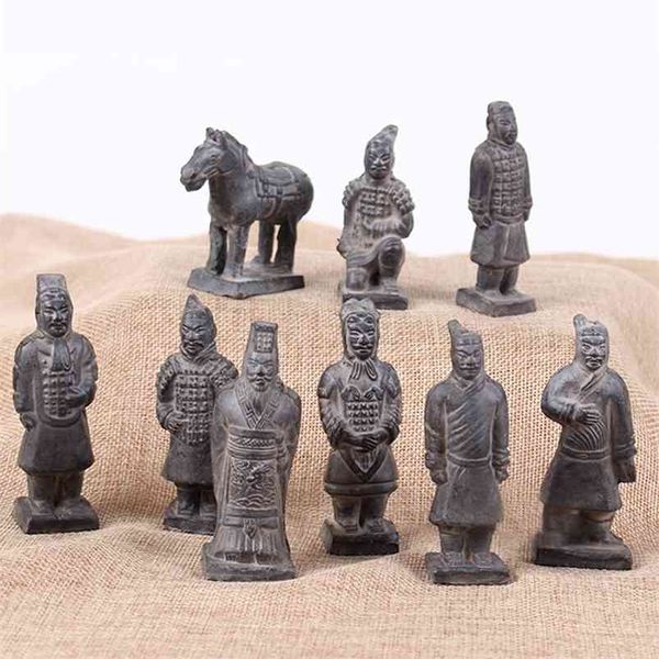 9 pcs / definir chinês exército terracota estatueta quin dinastia exército escultura casa decoração artesanato artesanato com caixa de presente 210811