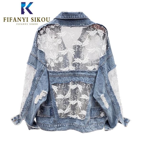 

women's jackets lace embroidery denim jacket women fashion hollow out spliced jeans female streetwear loose washed coat 2021, Black;brown