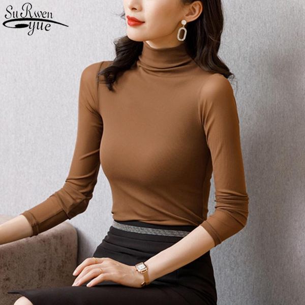 

women autumn long sleeve shirts all-match plus size -3xl solid bottoming stretch 8 colors fashion mesh blouses 10768 women's, White