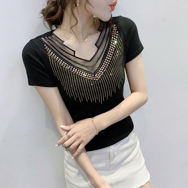 

short summer european clothes women t shirt v neck hollow out diamonds cotton ropa mujer sleeve tees t04515, White