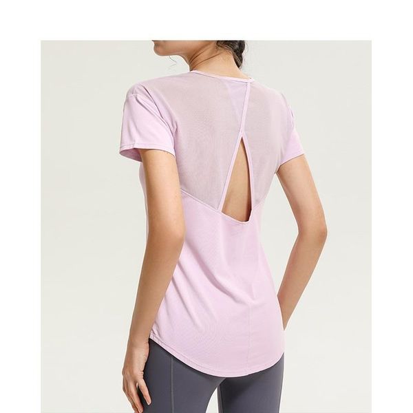 

yoga outfit women sports short sleeve shirt backless mesh stitching workout gym loose fitness running tee shirts sportswear