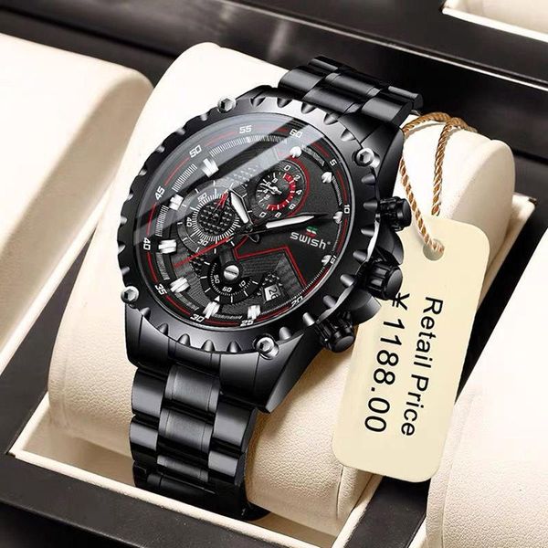 

wristwatches swish full steel watches for men black sports chronograph analog quartz 2021 fashion waterproof business watch, Slivery;brown