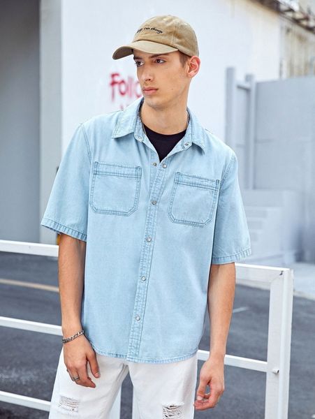 

men pocket patched snap button up denim shirt 26ut#, Blue