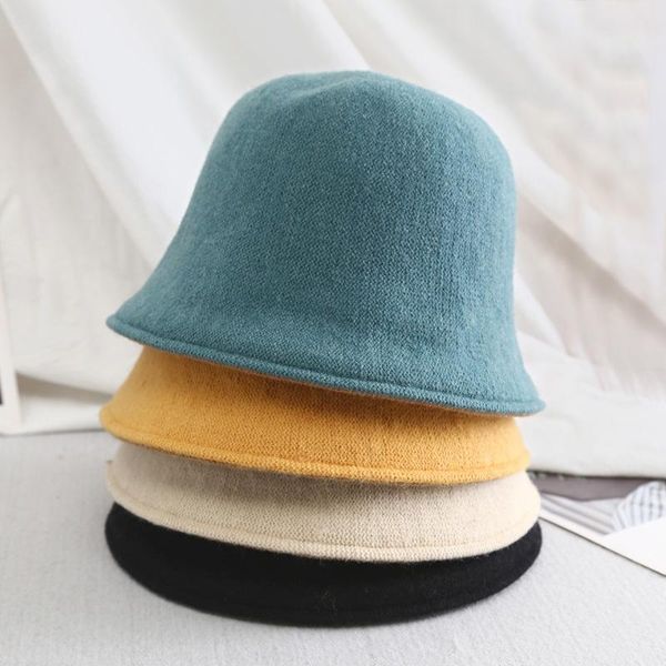 

wide brim hats winter knitted wool fisherman hat autumn women panama cap double-sided retro wild bucket ladies femme gorro, Blue;gray