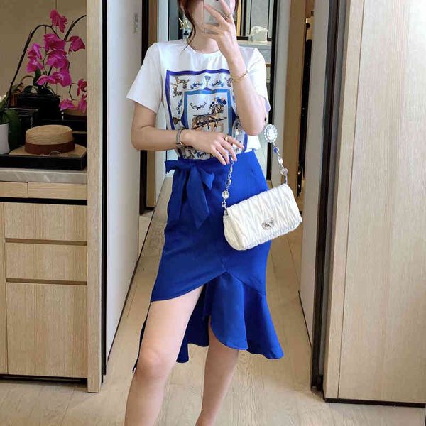 

spring and summer retro printing short-sleeved pony blue shirt thin fishtail tail skirt women two-piece, Black