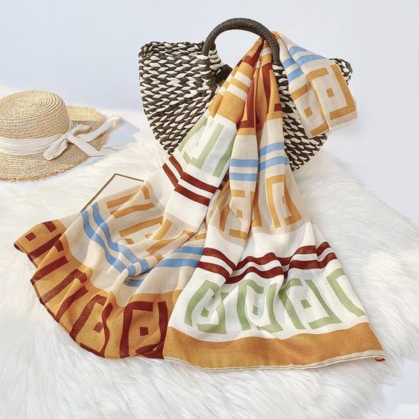 

scarves 2021 cotton and linen beach silk scarf sunscreen printed letter outdoor shawl, Blue;gray
