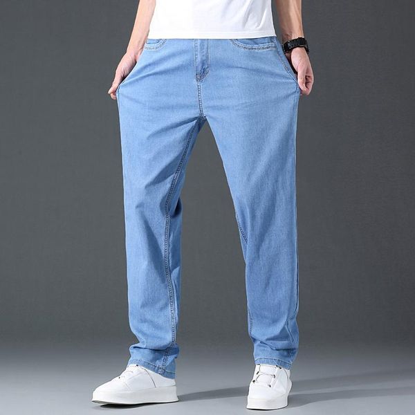 

men's jeans summer thin lyocell business casual plus size classic pants straight loose soft denim trousers male slim brand, Blue