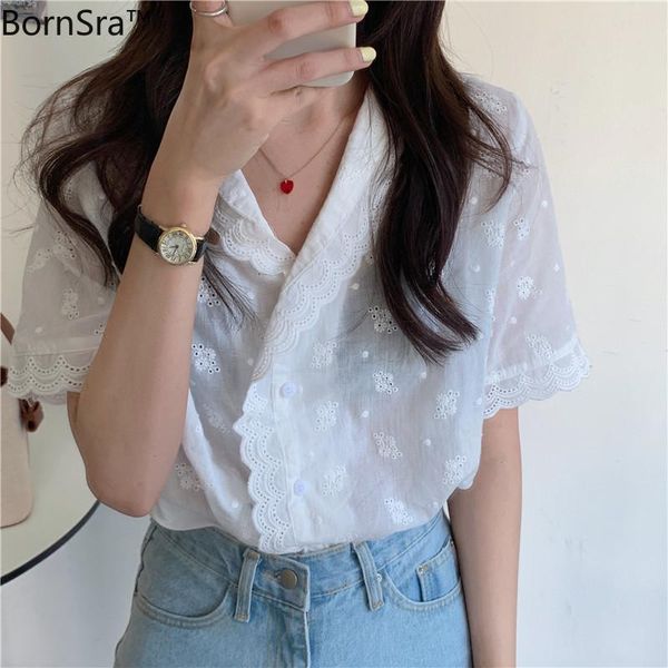 

women's blouses & shirts bornsra sweet hollow out floral embroidery shirt women 2021 summer korean style elegant short sleeve white