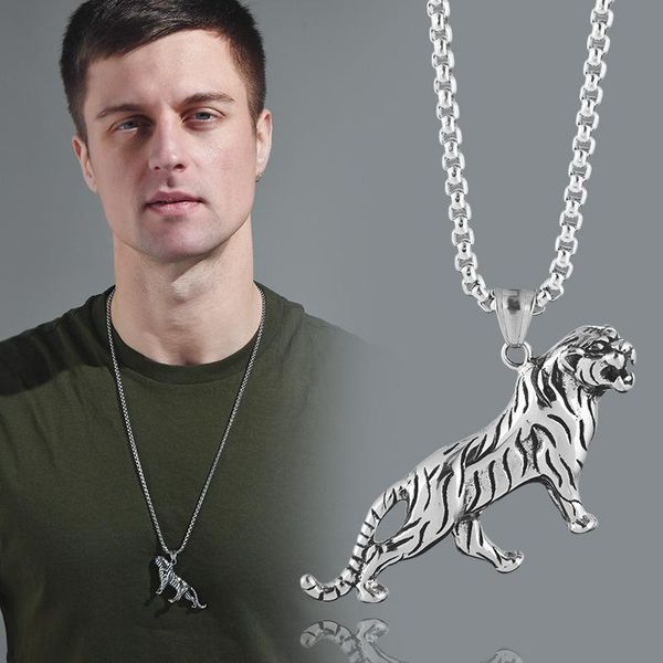 

pendant necklaces retro hip hop dj titanium steel tiger necklace for men and women fashion hipster couple jewelry gift, Silver