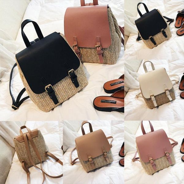 

women beach leather straw pu woven backpack solid rucksack fashion travel shoulder bag school