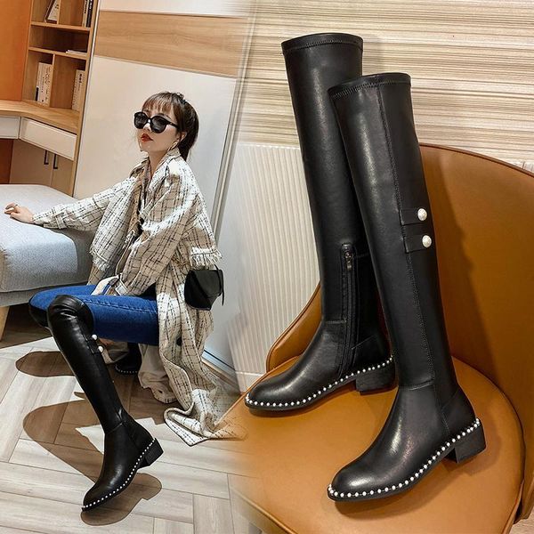 

genuine leather women med heels over the knee high winter ladies riding boots pearl party shoes woman black g9e4