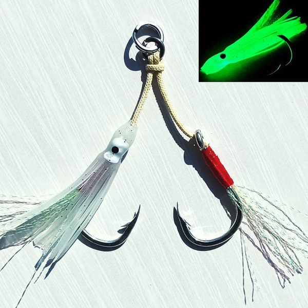 

fishing hooks 10pcs mustad 3/0 5/0 7/0 kevelar line lumious slow jig hook with feather assist double inchiku jigging