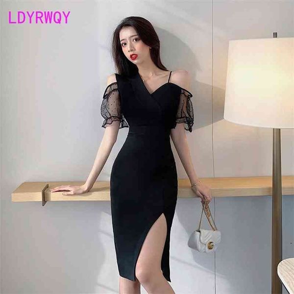 

[ldyrwqy] black light-fashion slim fit split mesh dress knee-length sheath office lady polyester 210416, Black;gray