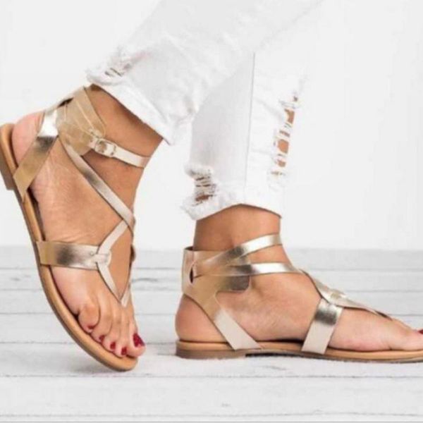 

sandals gold comfortable women spring summer ladies shoes open toe buckle strap beach rome casual flip flops flat, Black