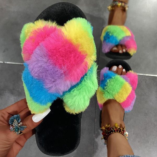 

slippers women's sandals furry 2021 summer style color cross open toe flat indoor home casual shoes, Black