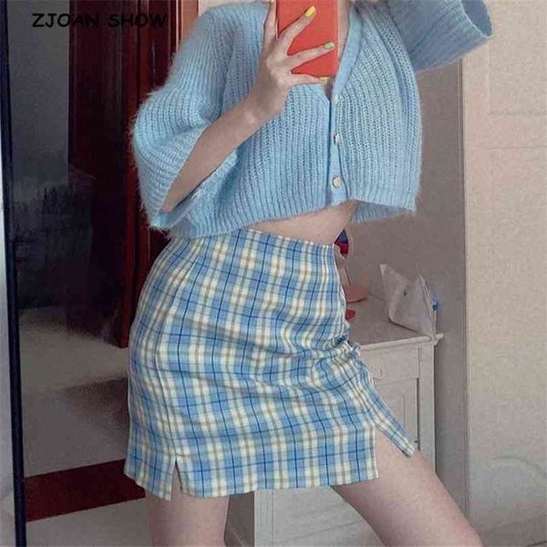 Verão mulheres dividir detalhes xadrez mini saia com sob shorts retro frente dupla fenda pacote quadris gingham verificar saias curtas 210429